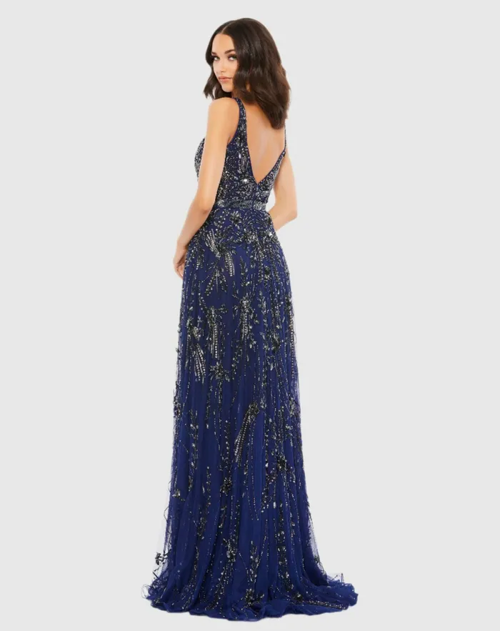 Mac Duggal Best Sellers Women VNeck Embellished Tulle Gown Midnight