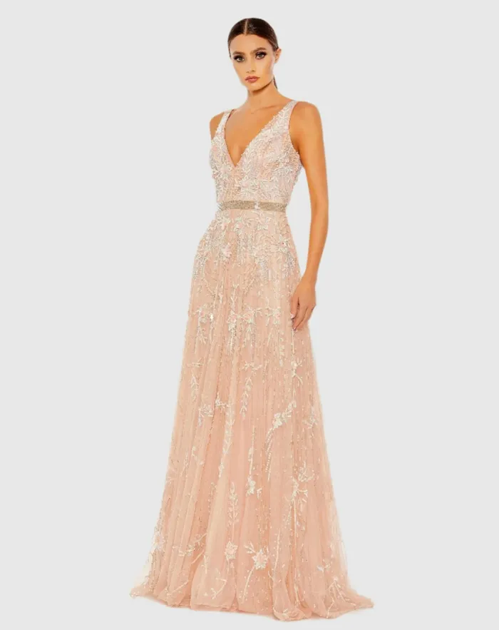 Mac Duggal Best Sellers Women VNeck Embellished Tulle Gown Midnight