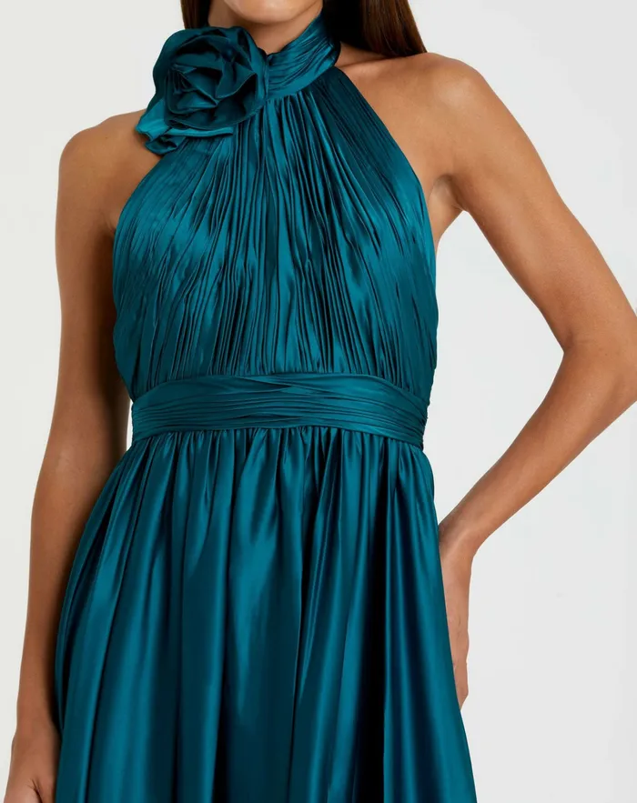 Mac Duggal Daytime Dresses Women Pleated Charmeuse High Neck Sleeveless Midi Dress Ocean