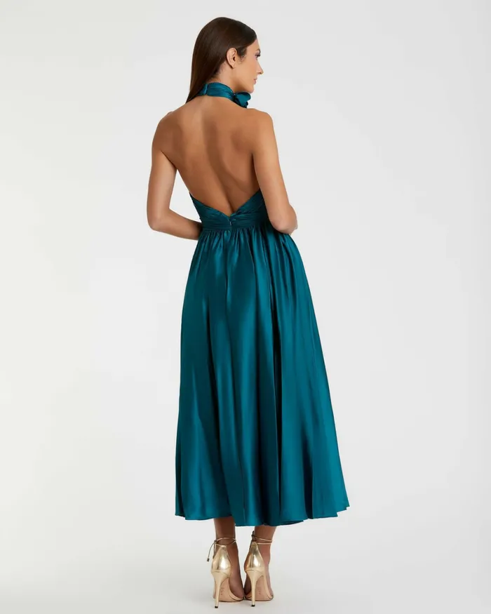 Mac Duggal Daytime Dresses Women Pleated Charmeuse High Neck Sleeveless Midi Dress Ocean