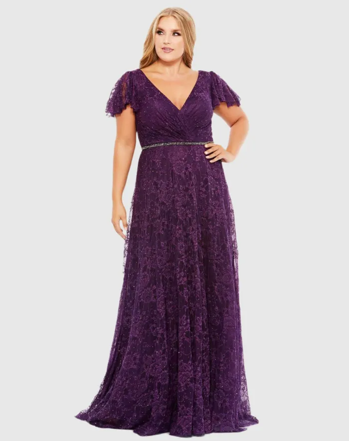 Mac Duggal Embellished Flutter Sleeve Evening Gown Plus Aubergine Women Evening Gowns