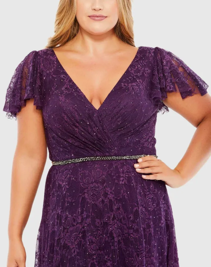 Mac Duggal Embellished Flutter Sleeve Evening Gown Plus Aubergine Women Evening Gowns