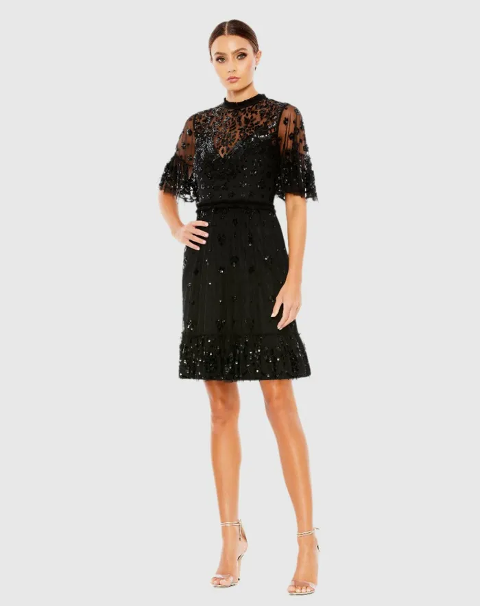 Mac Duggal Embellished Illusion High Neck Mini Dress Black Women Cocktail Dresses