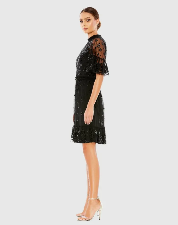 Mac Duggal Embellished Illusion High Neck Mini Dress Black Women Cocktail Dresses