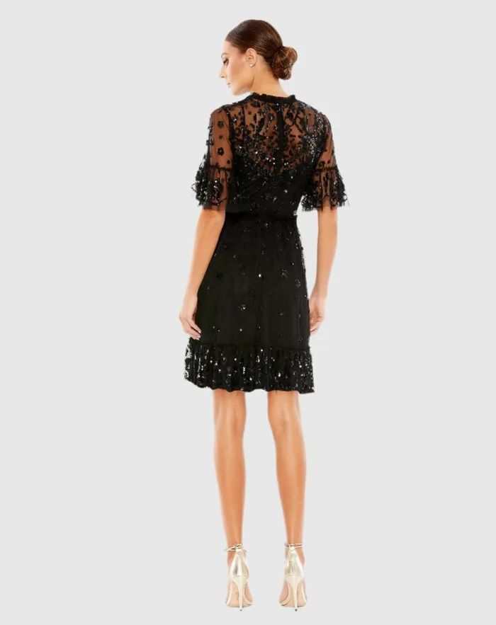 Mac Duggal Embellished Illusion High Neck Mini Dress Black Women Cocktail Dresses