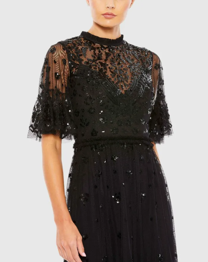 Mac Duggal Embellished Illusion High Neck Mini Dress Black Women Cocktail Dresses