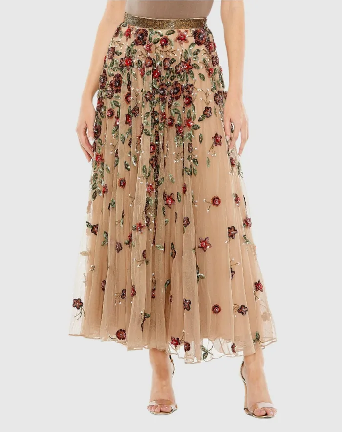 Mac Duggal Floral Beaded Long Chiffon Skirt Coffee Women Skirts