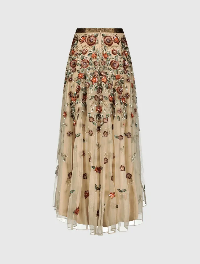 Mac Duggal Floral Beaded Long Chiffon Skirt Coffee Women Skirts
