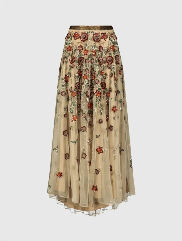 Mac Duggal Floral Beaded Long Chiffon Skirt Coffee Women Skirts