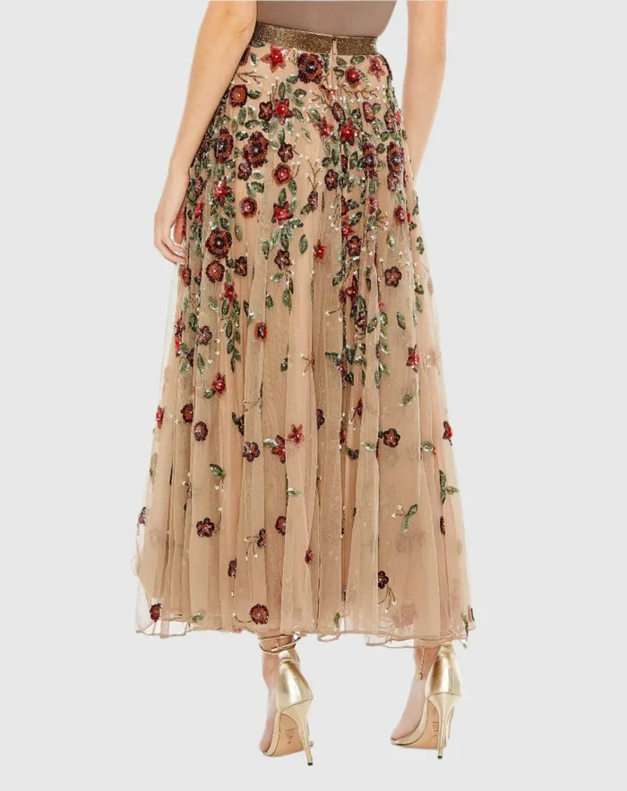 Mac Duggal Floral Beaded Long Chiffon Skirt Coffee Women Skirts