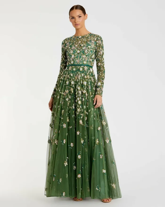 Mac Duggal Green Embellished High Neck Long Sleeve A Line Gown Sage Women Best Sellers