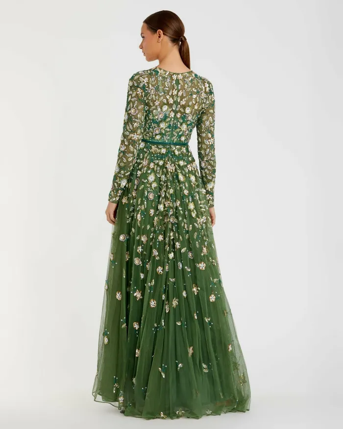 Mac Duggal Green Embellished High Neck Long Sleeve A Line Gown Sage Women Best Sellers
