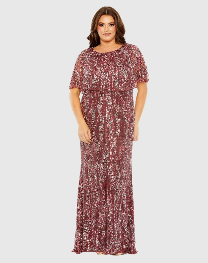 Mac Duggal High Neck Column Dress with Cape Mulberry Women Plus Size Dresses