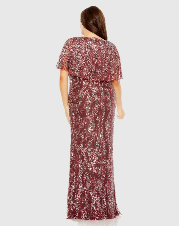 Mac Duggal High Neck Column Dress with Cape Mulberry Women Plus Size Dresses