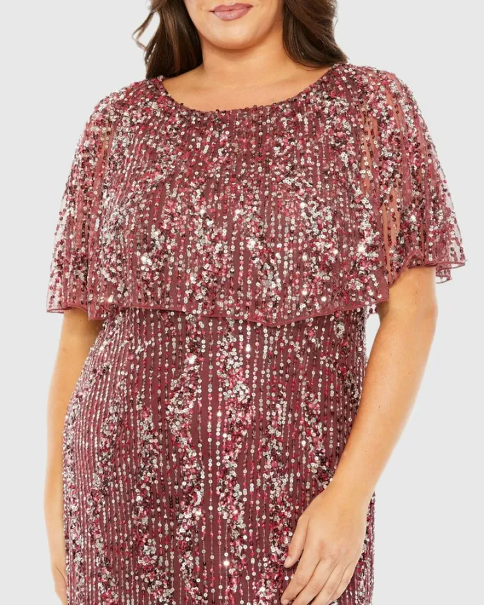 Mac Duggal High Neck Column Dress with Cape Mulberry Women Plus Size Dresses