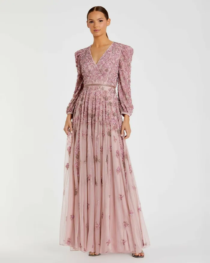 Mac Duggal Pink Embellished V Neck 34 Sleeve A Line Gown Rose Women Evening Gowns