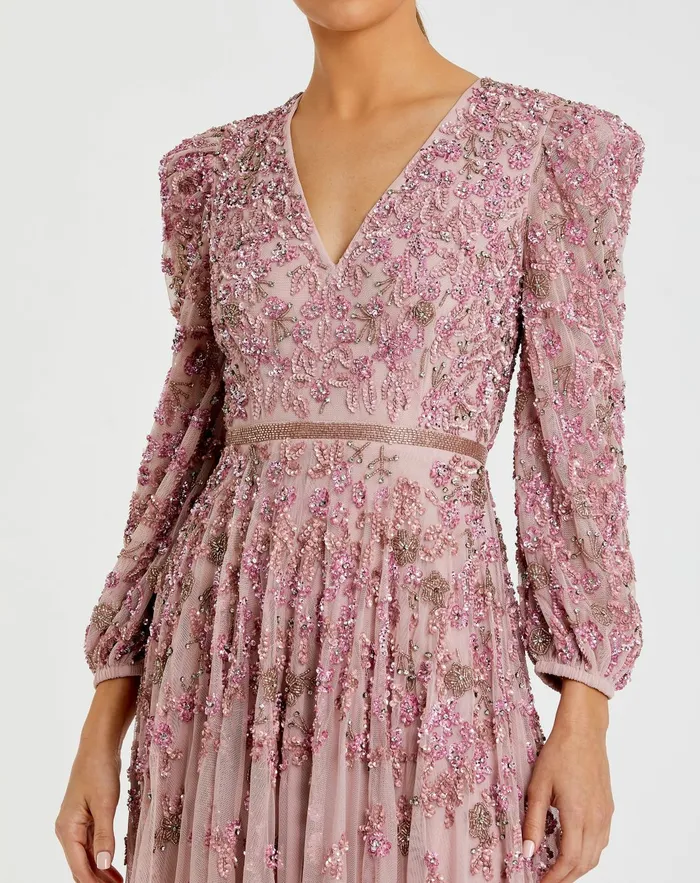 Mac Duggal Pink Embellished V Neck 34 Sleeve A Line Gown Rose Women Evening Gowns