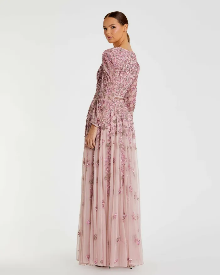Mac Duggal Pink Embellished V Neck 34 Sleeve A Line Gown Rose Women Evening Gowns