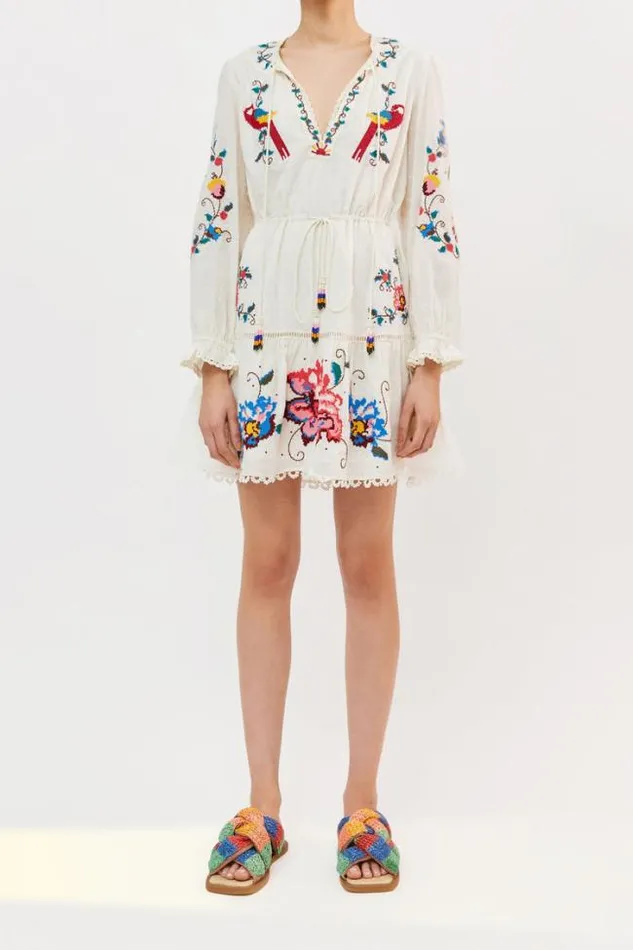 Macaw Cross Stitch Embroidered Mini Dress Women FARM Rio Mini Dresses