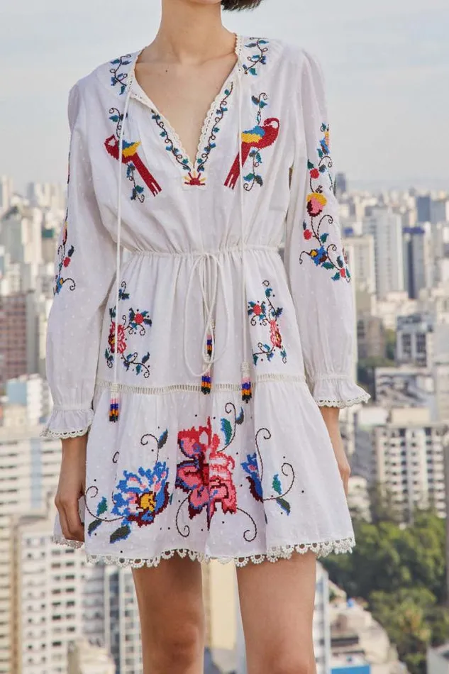 Macaw Cross Stitch Embroidered Mini Dress Women FARM Rio Mini Dresses