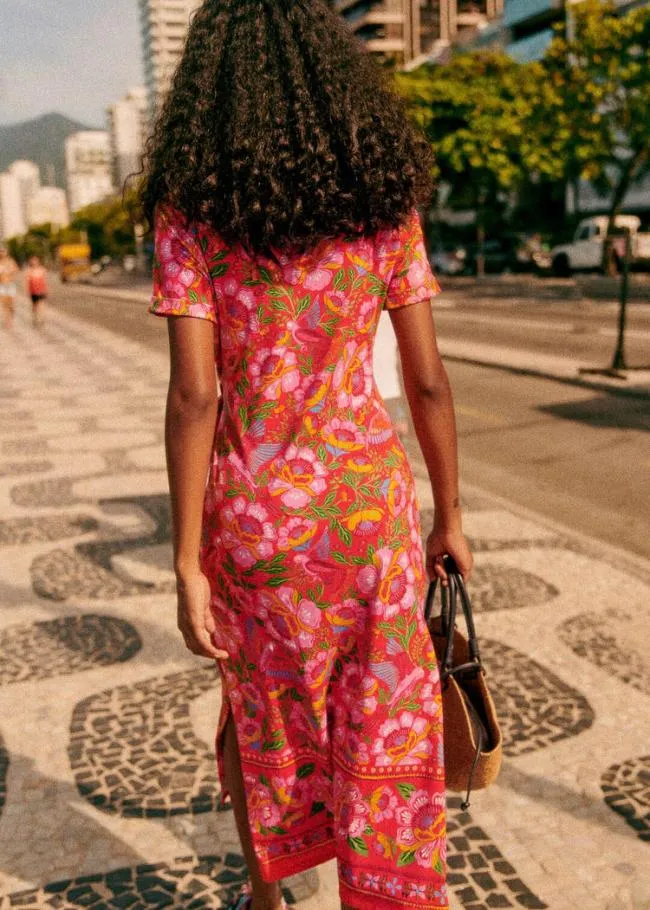 Macaw Flowers Red Pippa Midi Dress Women FARM Rio Midi Dresses