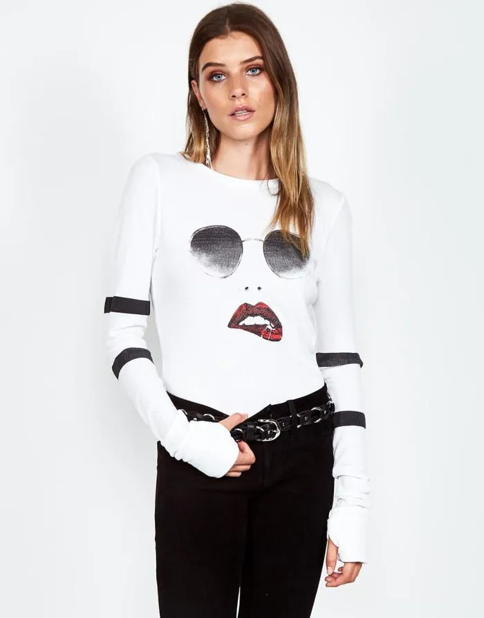 McKinley Pierced Biting Lip Face White Women Lauren Moshi Long Sleeve