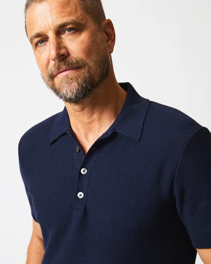 Men American Pique Sweater Polo Navy Billy Reid Polos Tees and Henleys