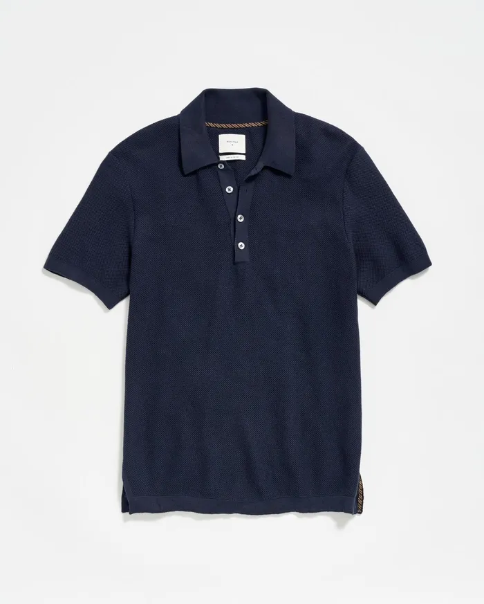 Men American Pique Sweater Polo Navy Billy Reid Polos Tees and Henleys