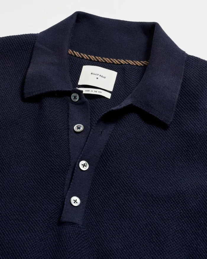 Men American Pique Sweater Polo Navy Billy Reid Polos Tees and Henleys