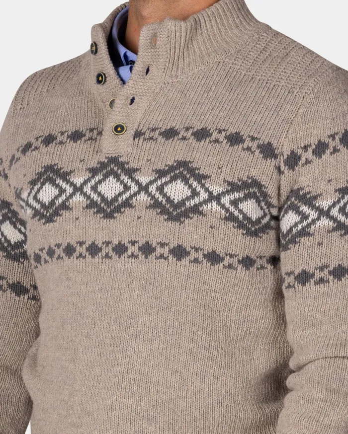 Men Knitwear NZA New Zealand Auckland Brown Pullover With Buttons And Black Pattern 8211 Chestnut