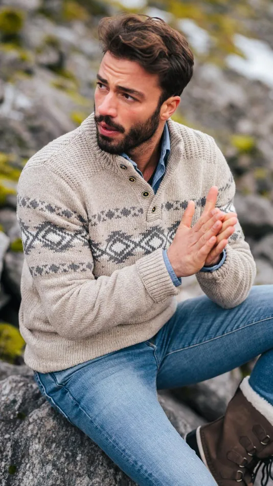Men Knitwear NZA New Zealand Auckland Brown Pullover With Buttons And Black Pattern 8211 Chestnut