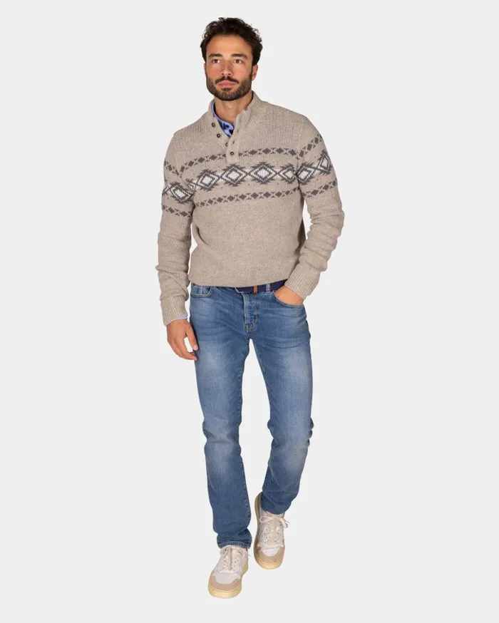 Men Knitwear NZA New Zealand Auckland Brown Pullover With Buttons And Black Pattern 8211 Chestnut