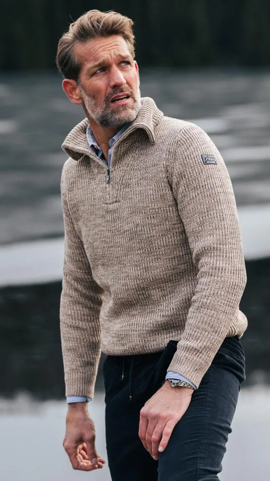 Men Knitwear NZA New Zealand Auckland Cotton Brown Knitted HalfZip Sweater 8211 Chestnut