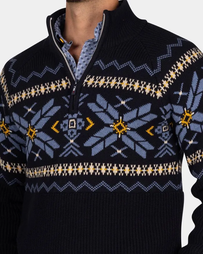 Men Knitwear NZA New Zealand Auckland Navy HalfZip Pullover With Colored Pattern 8211 Winter Navy