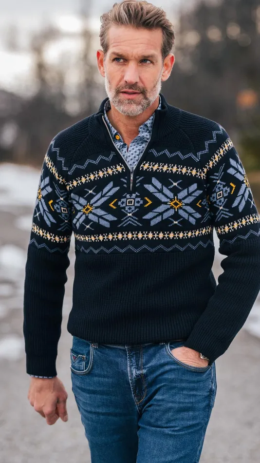 Men Knitwear NZA New Zealand Auckland Navy HalfZip Pullover With Colored Pattern 8211 Winter Navy