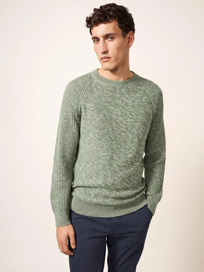 Men KNITWEAR White Stuff Lakewood Crew Dusty Green Men KNITWEAR White Stuff Lakewood Crew Dusty Green
