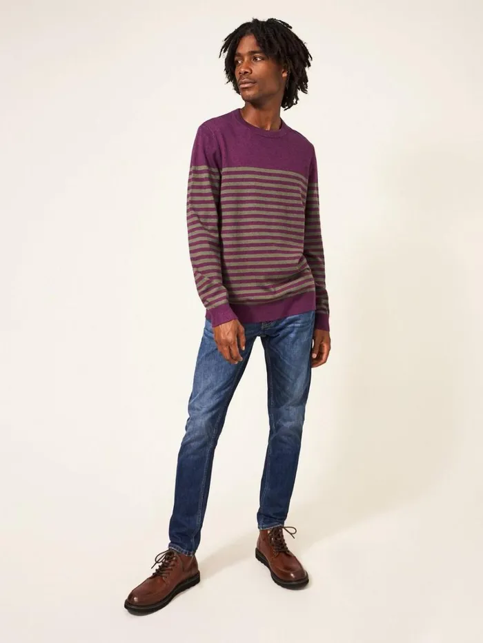 Men KNITWEAR White Stuff Newport Stripe Crew Purple Multi