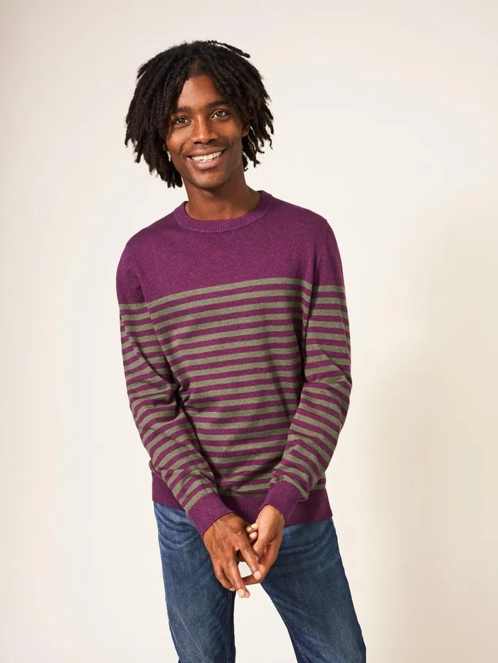 Men KNITWEAR White Stuff Newport Stripe Crew Purple Multi