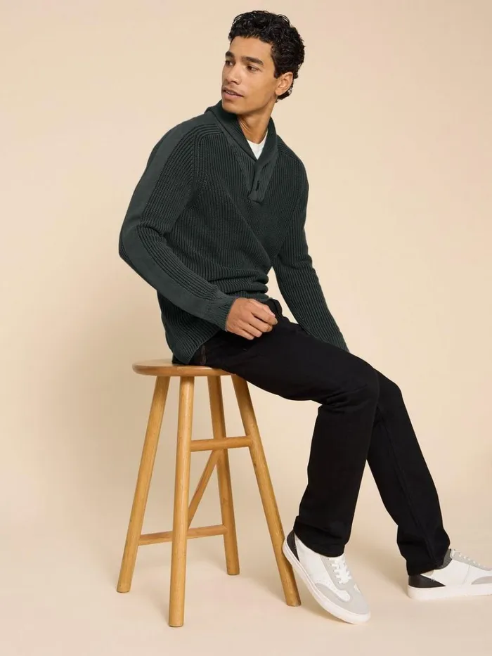 Men KNITWEAR White Stuff Ribbed Shawl Neck Jumper Charcoal Grey