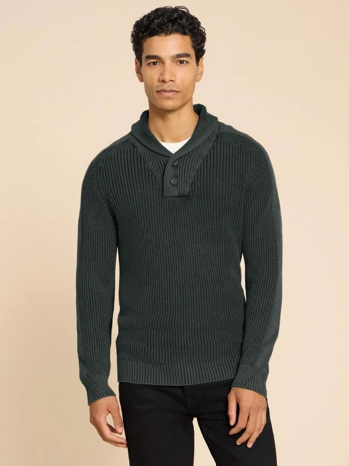 Men KNITWEAR White Stuff Ribbed Shawl Neck Jumper Charcoal Grey Men KNITWEAR White Stuff Ribbed Shawl Neck Jumper Charcoal Grey