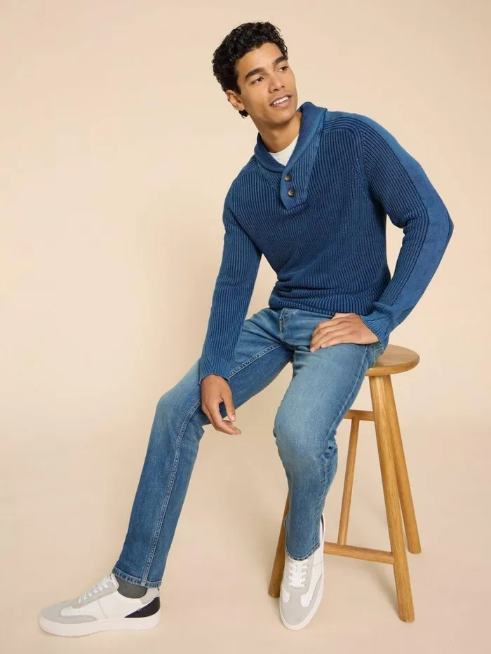 Men KNITWEAR White Stuff Ribbed Shawl Neck Jumper Dark Navy