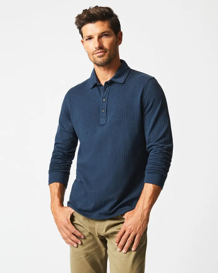 Men LS Herringbone Polo Navy Billy Reid Polos Tees and Henleys