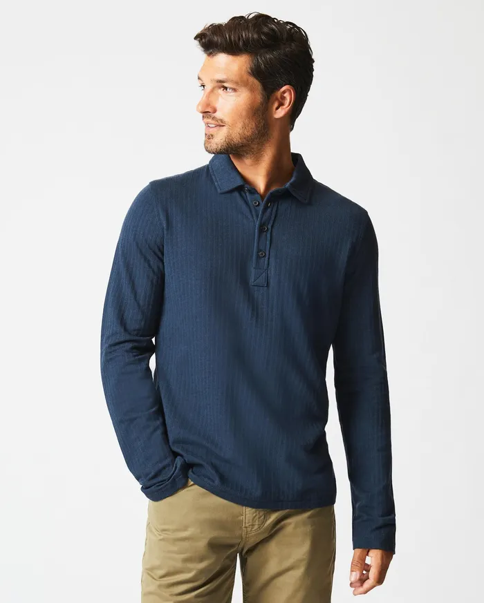 Men LS Herringbone Polo Navy Billy Reid Polos Tees and Henleys