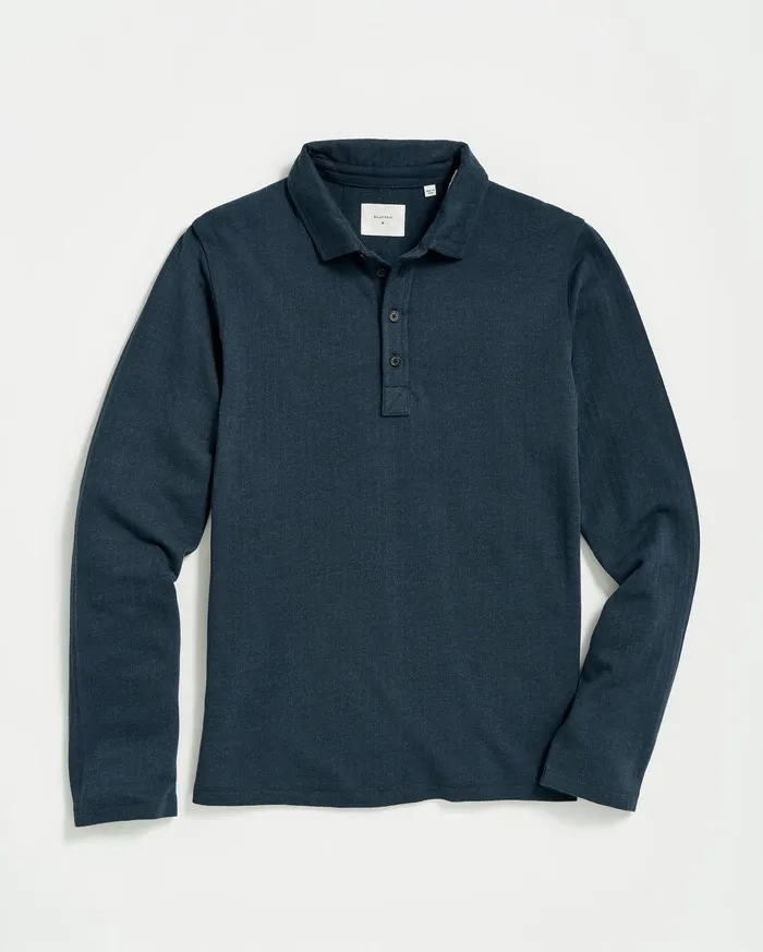 Men LS Herringbone Polo Navy Billy Reid Polos Tees and Henleys