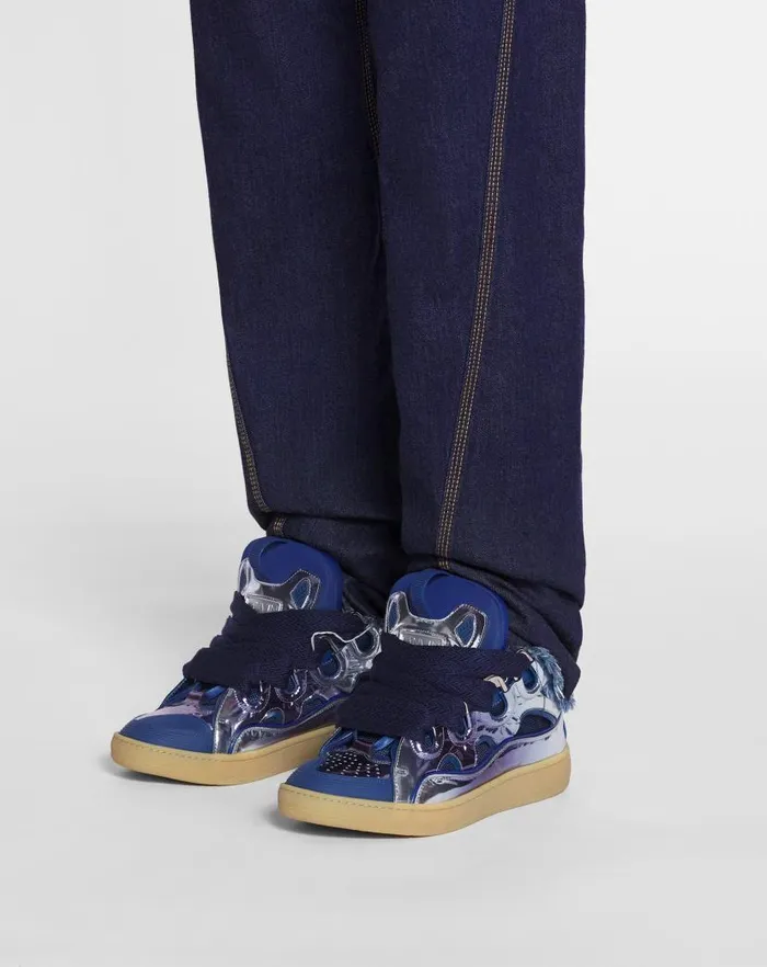 Men Lanvin Curb Curb Sneakers In Metallic Leather Cornflower Men Lanvin Curb Curb Sneakers In Metallic Leather Cornflower