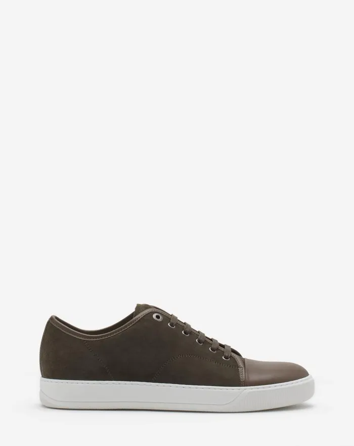Men Lanvin Sneakers Dbb1 Leather And Suede Sneakers Khakiwhite