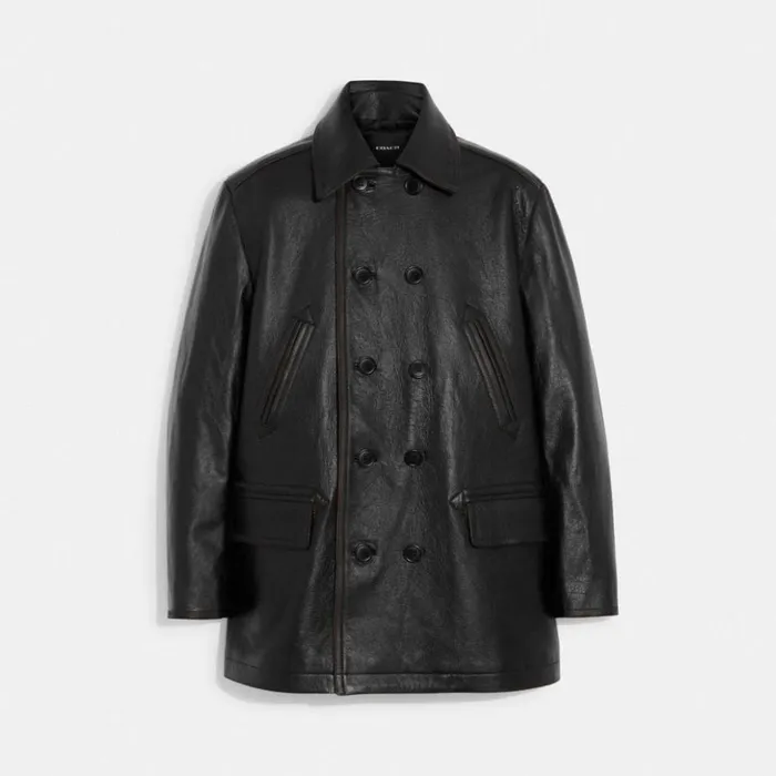 Men Leather Peacoat Black Coach Jackets and Outerwear