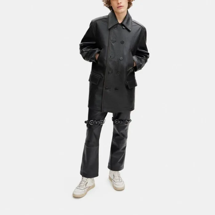 Men Leather Peacoat Black Coach Jackets and Outerwear
