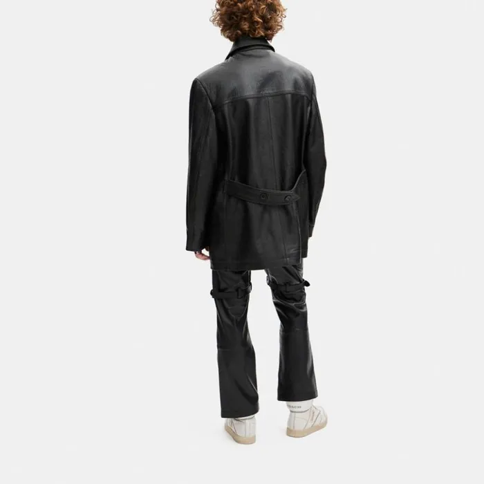 Men Leather Peacoat Black Coach Jackets and Outerwear