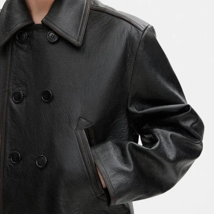 Men Leather Peacoat Black Coach Jackets and Outerwear